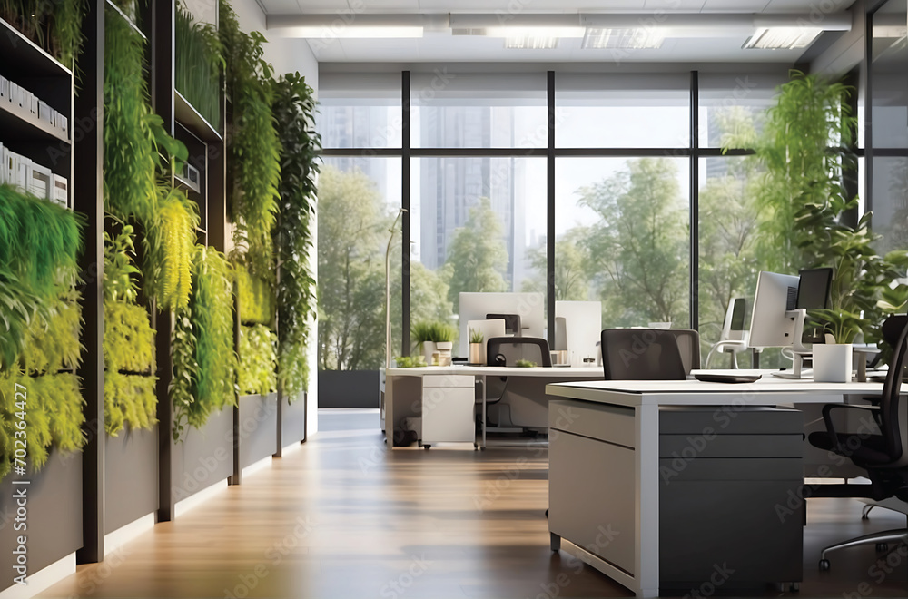 Interior of modern office with green plants and glass walls.