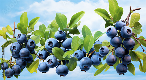 Blueberries with drops of water on a background of green leaves.