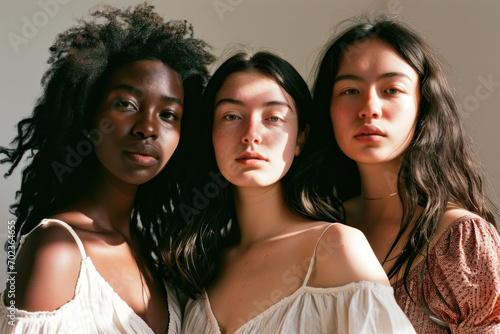 group of strong diverse confident women for empowerment feminism equality teamwork leadership poc with dark background studio light in magazine editorial look photo