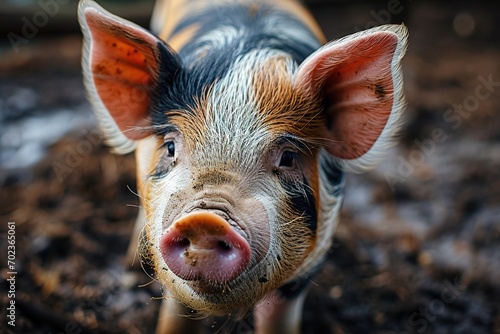 Portrait of a young cute colored spotted domestic pig photo