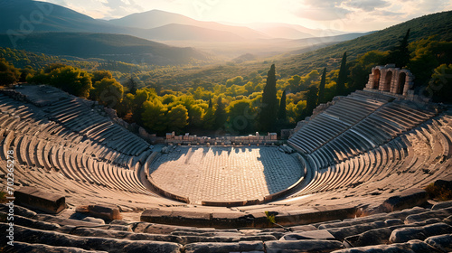 A photo of the Theatre of Epidaurus, with lush greenery as the background, during a sunny day
