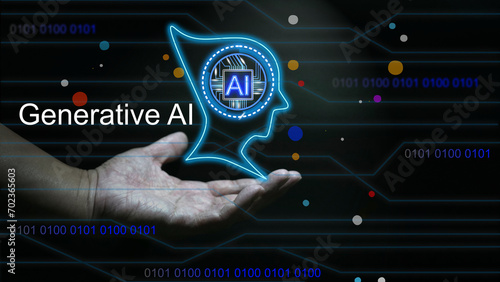 Artificial Intelligence AI Chat and New Information Technology. AI business learning. Ai technology, Generative AI in hand. Man using technology smart robot. Futuristic Infographic Transformation.