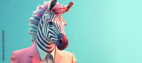 Creative funky portrait of a man with zebra head. Conceptual modern art. Copy space