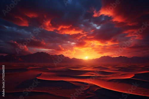 Bright colorful sunrise over the desert sands. Dunes at dawn