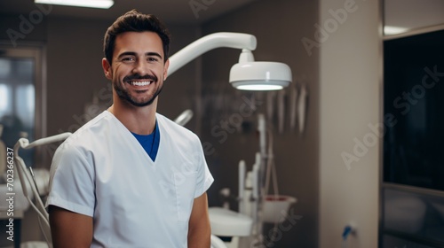 Smiling male dentist in dental office, portrait of self-assured young dental practitioner in his office. photo