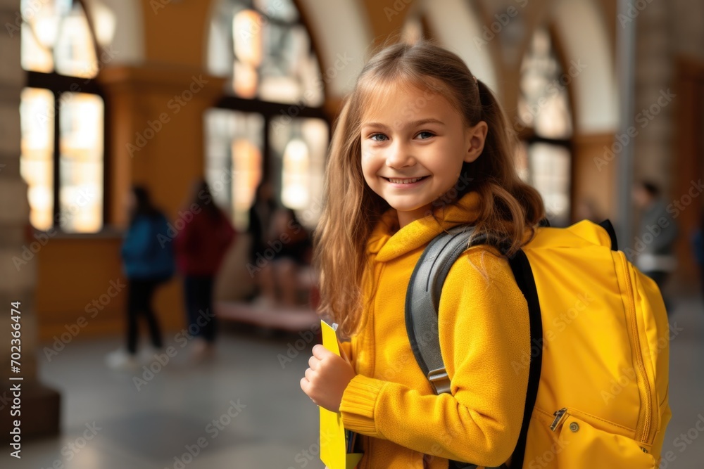 Fototapeta premium little girl in yellow jacket holding yellow backpack and carrying books while smiling