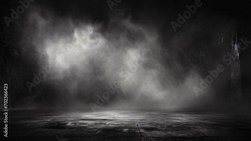 Experience the mysterious allure of an empty studio dark room, adorned with a grunge texture floor, spot lighting, and a subtle mist lingering in the background.