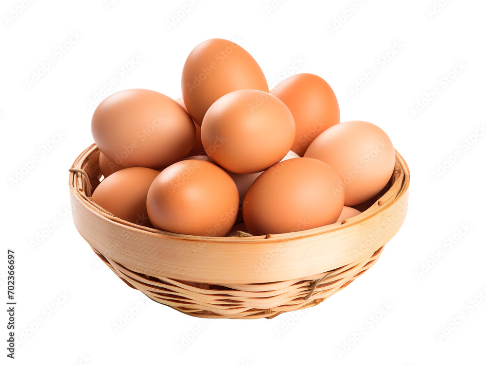 Eggs in a wooden basket, isolated on a transparent or white background Eggs in a wooden basket, isolated on a transparent or white background