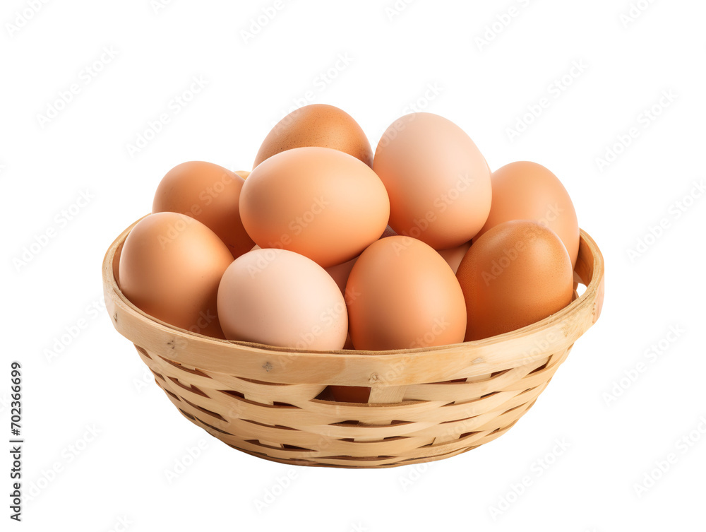 Eggs in a wooden basket, isolated on a transparent or white background Eggs in a wooden basket, isolated on a transparent or white background