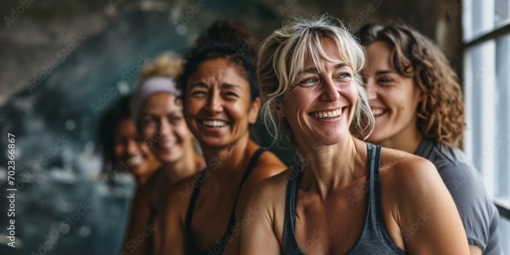 Fototapeta premium A group of athletic women smiling joyfully at a yoga studio.