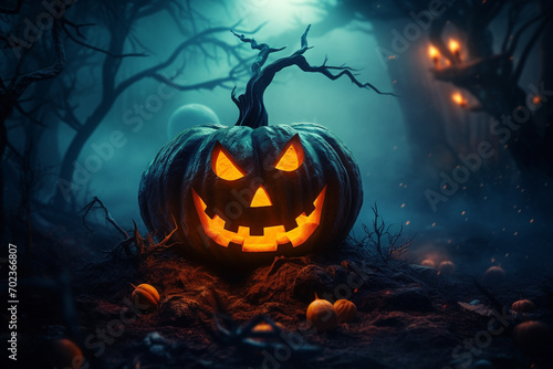 Halloween spooky background  scary jack o lantern pumpkin carved smiling face in creepy october dark night gloomy foggy forest. Happy Halloween backdrop