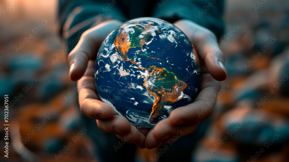 Earth Protection Day. The concept of protection: a girl holds a planet in her hands in a tropical forest. Earth Protection Day. The concept of protection: a girl holds a planet in her hands in a tropical forest.