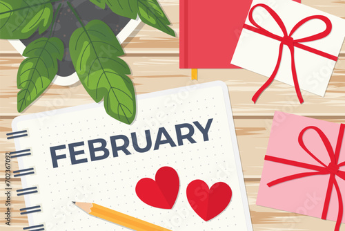february written on spiral notebook, flat lay composition on wooden desk with presents, house plant, pencil and paper hearts; Valentine's Day concept -vector illustration
