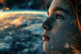 Beautiful Woman Background - Is Outside looking at a Planet in the Distance in the Style of Colorful Collage - Cosmic Space Earthworks with a Girl Wallpaper created with Generative AI Technology