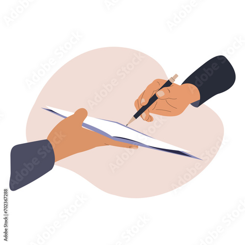 Hands holding a pen and signing a document. The concept of an agreement, certification of a document, signing a contract. Vector illustration in flat style.
