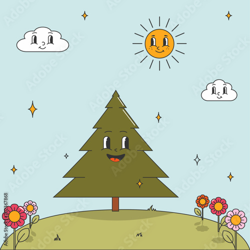 Summer retro illustration in groove style. Cartoon spruce, sun, clouds, flowers and grass.