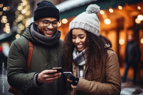 A diverse pair of youths in winter attire using mobile devices outdoors, showcasing a modern and entrepreneurial attitude.