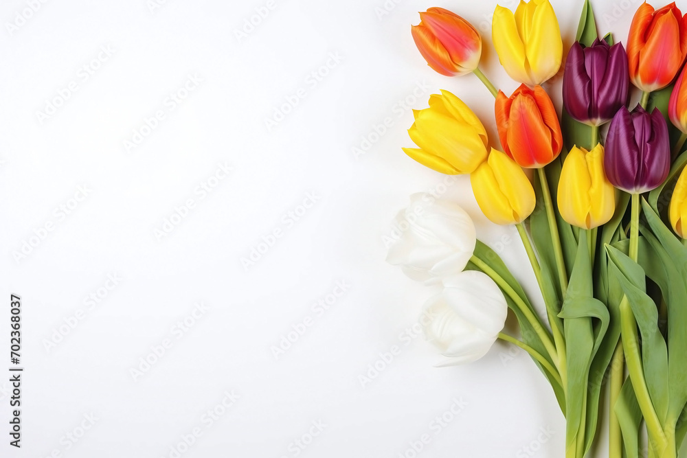 Bouquet of fresh colorful tulips on a white background. Copy space, flat lay. Festive background - obrazy, fototapety, plakaty 