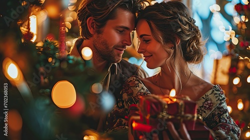 Happy Young Couple Christmas Presents Sitting, Background HD, Illustrations