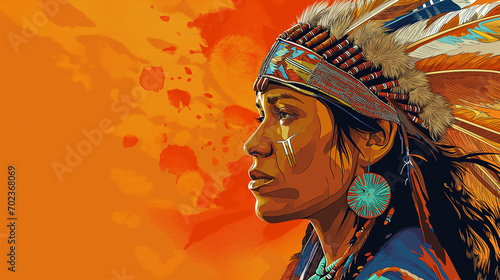The Head Of The Indigenous Person For International Day Of The World's Indigenous People, Vector Of Indigenous Person On Orange Background, Generative Ai