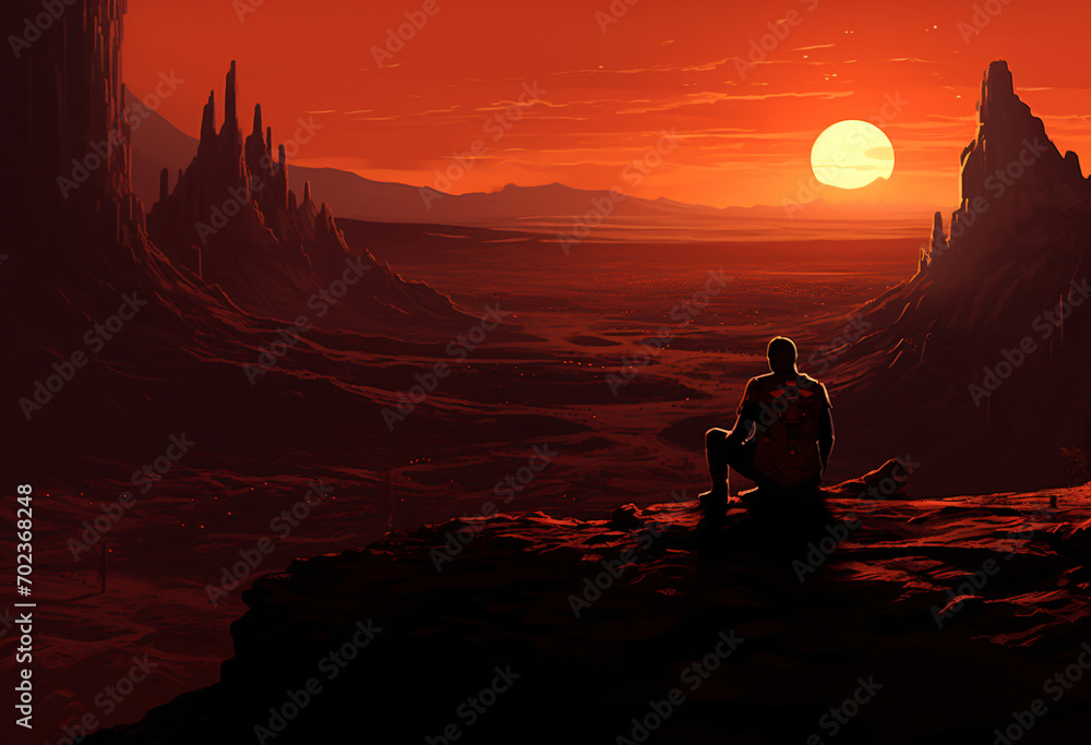 An illustration of man is sitting in a mountain hill watching dark red and light orange atmosphere panorama of desert