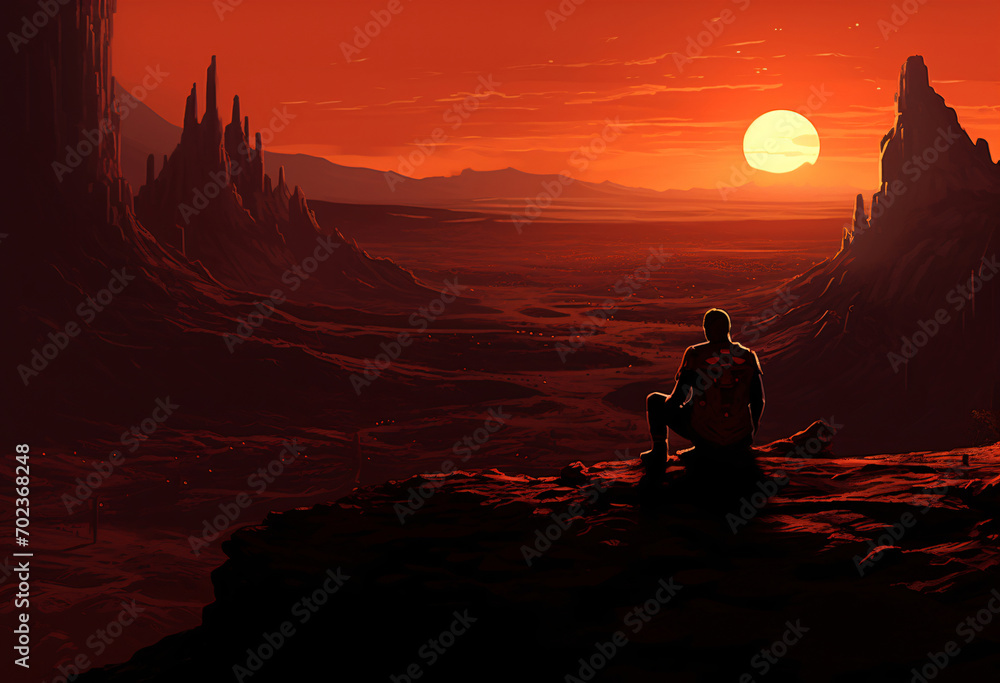 An illustration of man is sitting in a mountain hill watching dark red and light orange atmosphere panorama of desert An illustration of man is sitting in a mountain hill watching dark red and light orange atmosphere panorama of desert