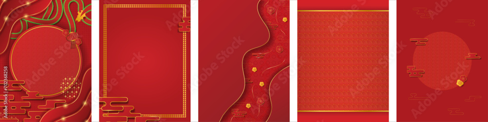 Red and Gold Chinese New Year Posters with Asian pattern design, dragons, flowers, geometric clouds, and paper-cut style. Red Asian design poster templates. Vector Illustration.  - obrazy, fototapety, plakaty 