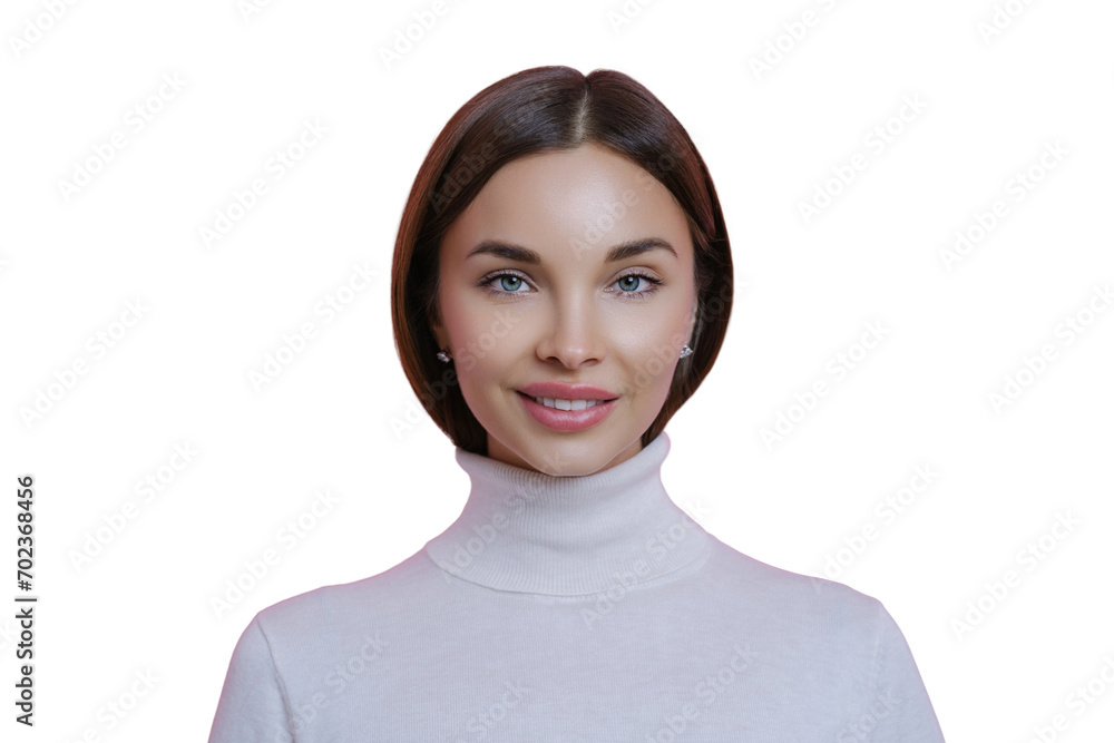 Elegant woman with glossy hair in a turtleneck sweater, showcasing a subtle smile, against a pink backdrop Elegant woman with glossy hair in a turtleneck sweater, showcasing a subtle smile, against a pink backdrop
