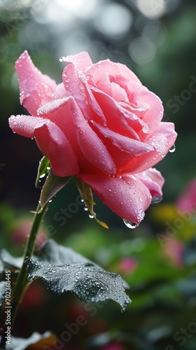 Blush of Love: Pink Rose with Dew for Valentine's - Made with Generative AI (Midjourney)