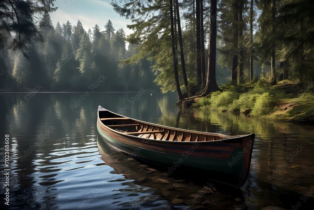 A handcrafted wooden canoe nestled by the shore of a serene lake, surrounded by towering pine trees.
