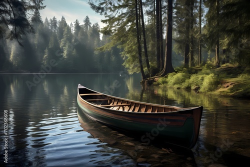 A handcrafted wooden canoe nestled by the shore of a serene lake, surrounded by towering pine trees.