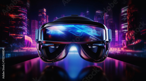 3d 360 vr headset glasses goggles lenses in futuristic neon light, virtual augmented reality innovative party experience digital mobile technology background concept, © Business Pics