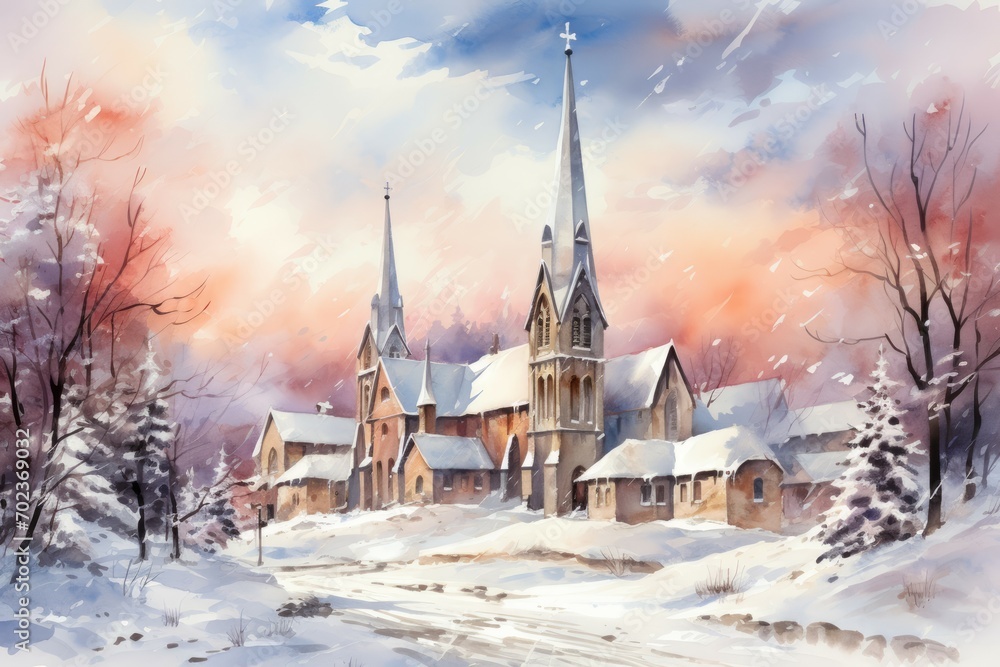 Fototapeta premium Snow-Covered Churches - Generative AI