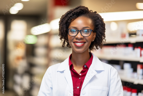 pharmacist woman, smiling, in white coat and red shirt, against blurred background of shelves with medicines
