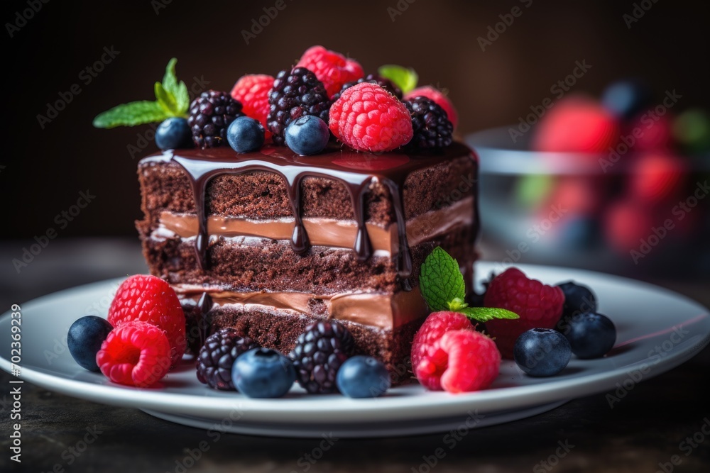 Layered chocolate cake in icing with berries Layered chocolate cake in icing with berries