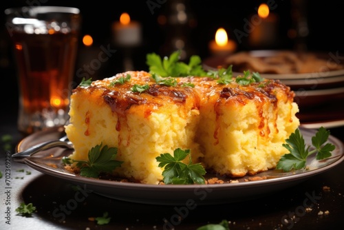 Baked corn bread with cheddar, close-up. Festive Christmas dish