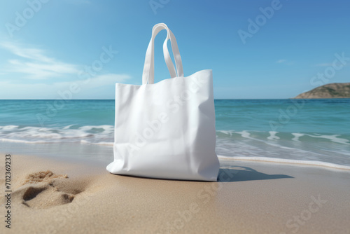 A white bag with handles stands on the beach on the sand