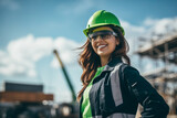 engineer woman in green helmet, work clothes on construction site at clear day