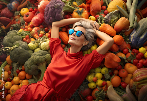 A middle aged women in orange shirt and sunglasses laying on colorful vegetables and fruits, dynamic and expressive posture 