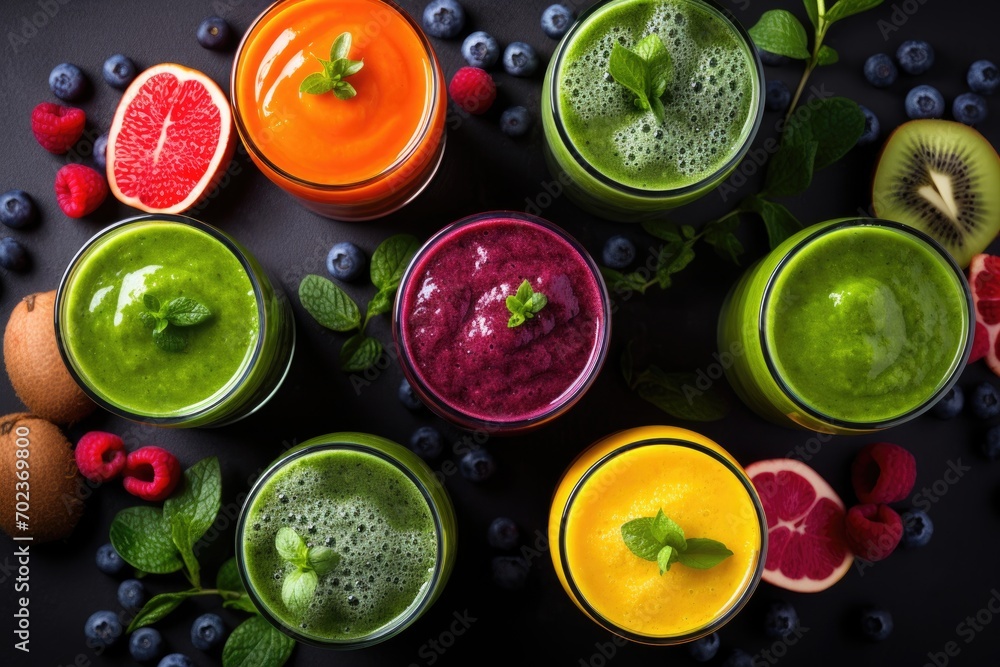 Fruit smoothies from different vegetables and fruits in glasses, top view Fruit smoothies from different vegetables and fruits in glasses, top view