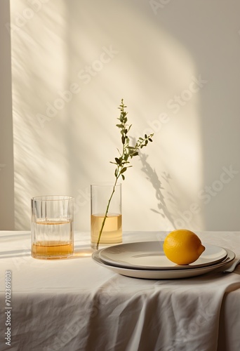 white dishes and glasses, on a white linen tablecloth, play of light, sun rays from the window, minimalism, Nordic style, still life in pastel colors