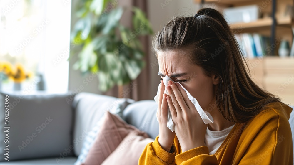 Female with respiratory illness sneezing due to allergies or flu, in living room with tissue and congestion, potentially facing health complications. - obrazy, fototapety, plakaty 