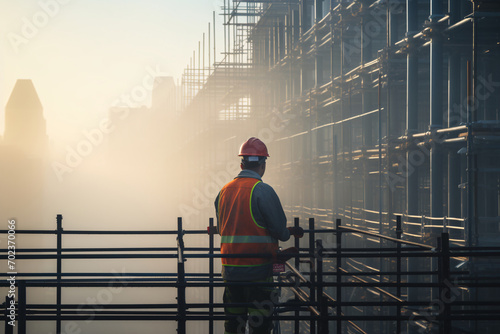 Back of a builder in a red hard hat and construction vest watching sunrise on facade of a high-rise building with scaffolding surrounding the structure during a misty morning with diffused lighting
