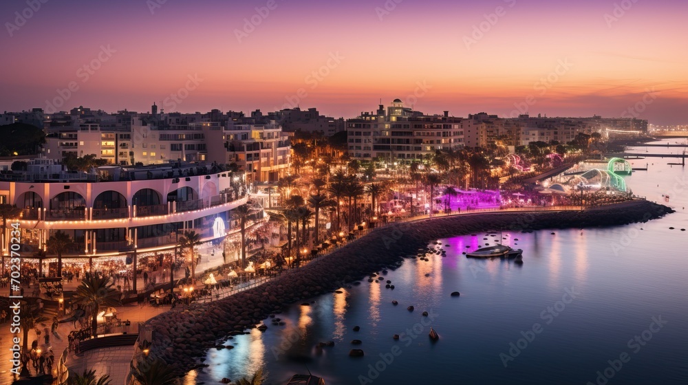 Dusk Ambiance Over a Tranquil Mediterranean Coastal Town with Illuminated Waterfront