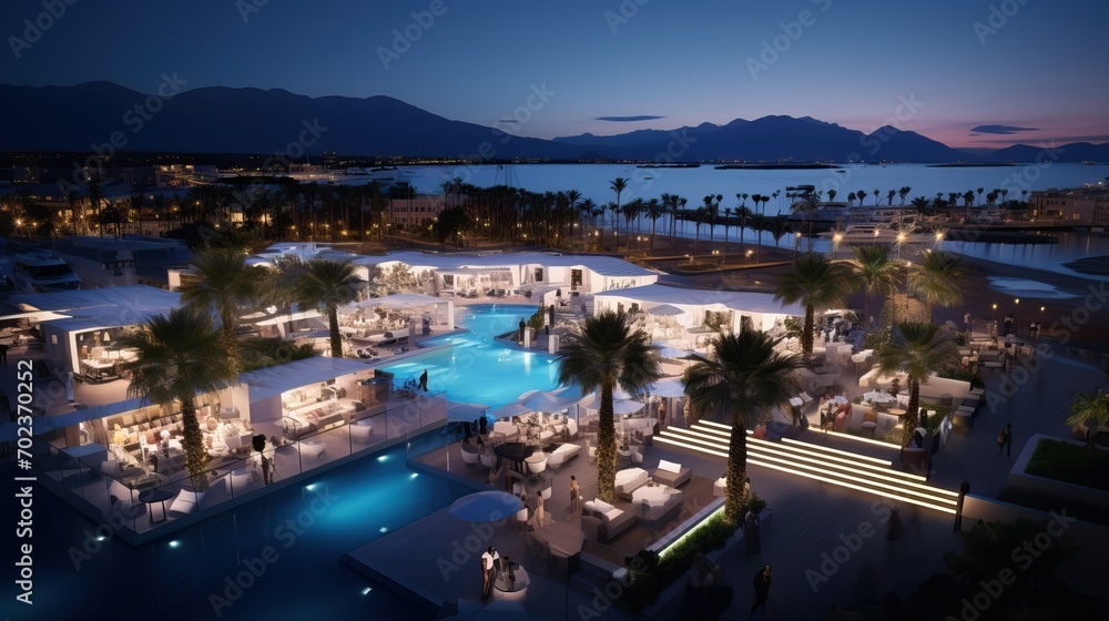 Luxurious Resort Poolside and Lounge Area During Twilight with Scenic Mountain View