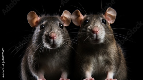Two gray mice on a black background