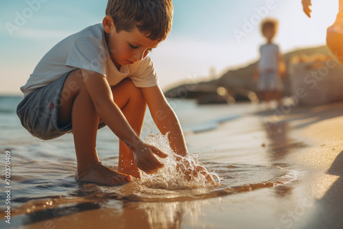 Child rinsing sand off feet at beach in summer