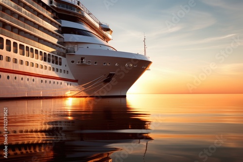 A close-up of a cruise ship at sunset, with the reflection of the sun on the water © PinkiePie