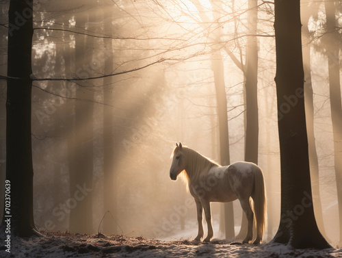 A horse stand in foggy winter woods with snow and sun light ray 