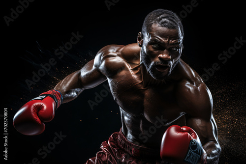 A African male boxer landing a powerful punch on isolated dark black background